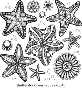 Common starfish or sea star fish under water world nature vector art set