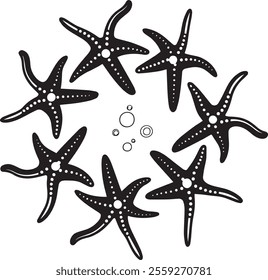 Common starfish or sea star fish under water world nature shilhoette vector art set