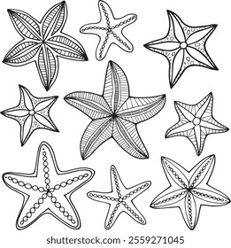 Common starfish or sea star fish under water world nature shilhoette vector set