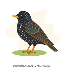 Common starling in minimal flat vector style, common starling isolated with iridescent colorful wildlife illustration shapes
