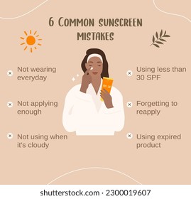 Common sunscreen mistakes. SPF. Sunscreen SPF tips infographic. Vector