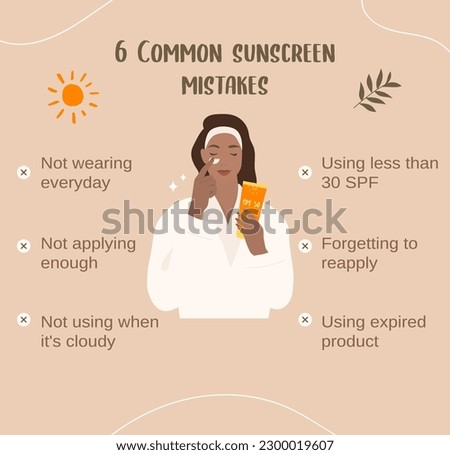 Common sunscreen mistakes. SPF. Sunscreen SPF tips infographic. Vector