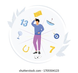 Common superstitions flat concept vector illustration. Superstitious man 2D cartoon character for web design. Guy surrounded with good and bad luck symbols. Irrational fear of unknown creative idea