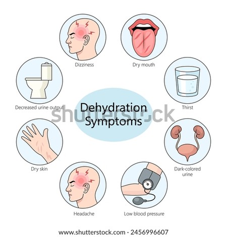 common symptoms of dehydration including dizziness, dry mouth, and thirst diagram hand drawn schematic vector illustration. Medical science educational illustration