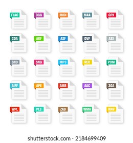 Common system file formats. Document types and extensions. Flat style icons collection. Document pictogram, web design UI element, template. Computer program or application icon. Vector illustration