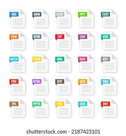 Common system file formats. Document types and extensions. Flat style icons collection. Document pictogram, web design UI element, template. Computer program or application icon. Vector illustration