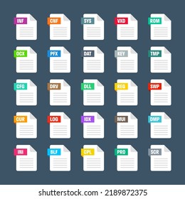 Common system file formats. Document types and extensions. Flat style icons collection. Document pictogram, web design UI element, template. Computer program or application icon. Vector illustration