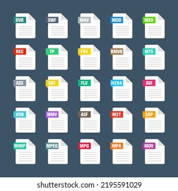 Common system file formats. Document types and extensions. Flat style icons collection. Document pictogram, web design UI element, template. Computer program or application icon. Vector illustration