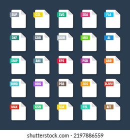 Common system file formats. Document types and extensions. Flat style icons collection. Document pictogram, web design UI element, template. Computer program or application icon. Vector illustration