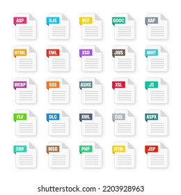 Common system file formats. Document types and extensions. Flat style icons collection. Document pictogram, web design UI element, template. Computer program or application icon. Vector illustration