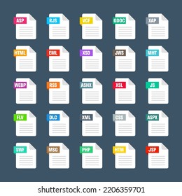 Common system file formats. Document types and extensions. Flat style icons collection. Document pictogram, web design UI element, template. Computer program or application icon. Vector illustration