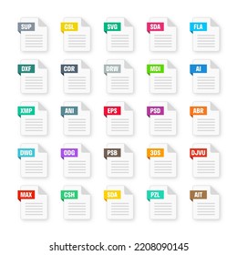 Common system file formats. Document types and extensions. Flat style icons collection. Document pictogram, web design UI element, template. Computer program or application icon. Vector illustration