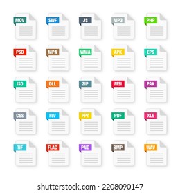 Common system file formats. Document types and extensions. Flat style icons collection. Document pictogram, web design UI element, template. Computer program or application icon. Vector illustration