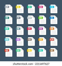 Common system file formats. Document types and extensions. Flat style icons collection. Document pictogram, web design UI element, template. Computer program or application icon. Vector illustration