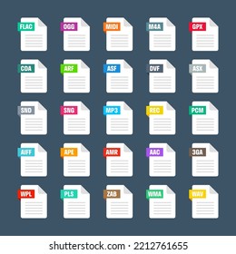 Common system file formats. Document types and extensions. Flat style icons collection. Document pictogram, web design UI element, template. Computer program or application icon. Vector illustration