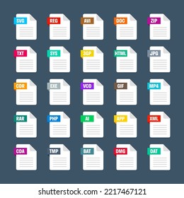 Common system file formats. Document types and extensions. Flat style icons collection. Document pictogram, web design UI element, template. Computer program or application icon. Vector illustration