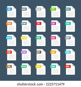 Common system file formats. Document types and extensions. Flat style icons collection. Document pictogram, web design UI element, template. Computer program or application icon. Vector illustration