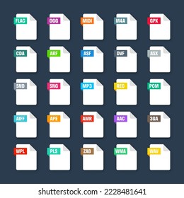 Common system file formats. Document types and extensions. Flat style icons collection. Document pictogram, web design UI element, template. Computer program or application icon. Vector illustration