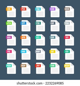 Common system file formats. Document types and extensions. Flat style icons collection. Document pictogram, web design UI element, template. Computer program or application icon. Vector illustration