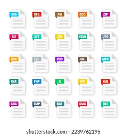 Common system file formats. Document types and extensions. Flat style icons collection. Document pictogram, web design UI element, template. Computer program or application icon. Vector illustration