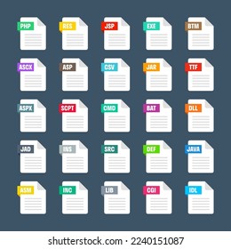 Common system file formats. Document types and extensions. Flat style icons collection. Document pictogram, web design UI element, template. Computer program or application icon. Vector illustration