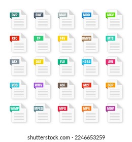 Common system file formats. Document types and extensions. Flat style icons collection. Document pictogram, web design UI element, template. Computer program or application icon. Vector illustration