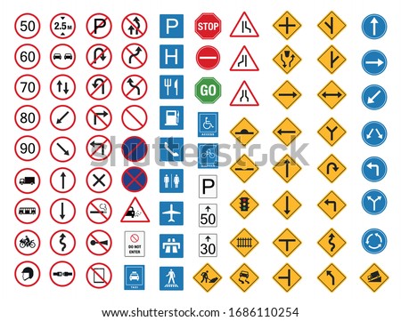 common traffic sign icon set flat design, safety transportation vector illustration