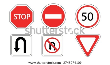 common traffic signs including stop, no entry, speed limit, and yield