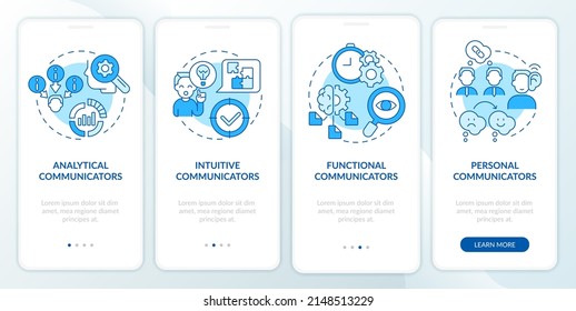Tipos comunes de comunicadores pantalla azul de aplicación móvil a bordo. Recorrido 4 pasos de páginas de instrucciones gráficas con conceptos lineales. UI, UX, plantilla GUI. Multitud de tipos de letra Pro-Bold, con uso regular