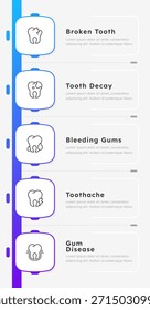 Tipos comunes de problemas dentales infografía 5 pasos. Caries dental. Caries dental, enfermedad de las encías. Encías sangrantes, tratamiento oral. Proceso de diagrama de iconos de línea delgada editable