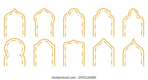 Common types of Middle Eastern Arch Shape Architectural designs. Collection of simple door and window arch line designs in golden yellow