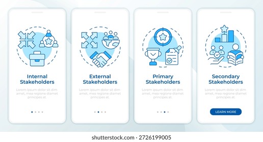 Tipos comunes de partes interesadas pantalla azul del App móvil de incorporación. Instrucciones gráficas editables de 4 pasos con conceptos lineales. UI, UX, GUI