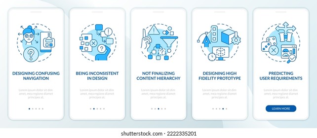 Common user experience mistakes blue onboarding mobile app screen. Walkthrough 5 steps editable graphic instructions with linear concepts. UI, UX, GUI template. Myriad Pro-Bold, Regular fonts used