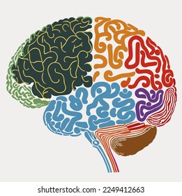 A common vector image about a brain of ideas a human brain with various lines, shapes, and patterns representing the complex network of thoughts and ideas that are generated by the brain.