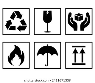 Common and warning symbol set in black and white flat style