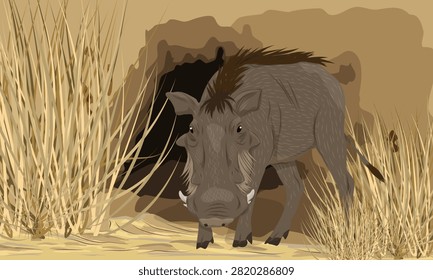 Common warthog Phacochoerus africanus coming out of a dirt burrow with dry grass in an african savanna landscape vector illustration
