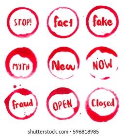 Common Words collection of round watercolor stains with stop!, fact, fake, myth, new, now, fraud, open, closed text. Set of vector Common Words stamps.