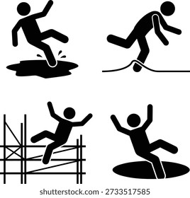 Common workplace and public safety hazards leading to slips, trips, and falls illustrated