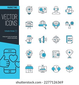 Commonly used business marketing strategies symbols on white background. Set of 20 vector icons.
