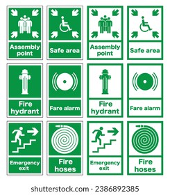 Commonly used signs in case of fire. Emergency exit and action in case of fire. EPS 10.