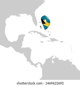 Commonwealth of The Bahamas Location Map on map Central America. 3d Bahamas flag map marker location pin. High quality map of Bahamas. Vector illustration EPS10.