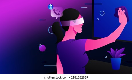Commucating in Metaverse. Talking and Cleaning Woman in VR. Vector illustration