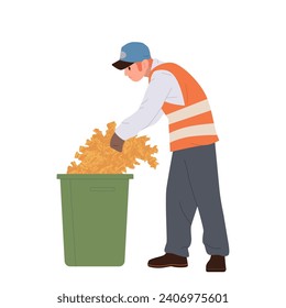 Communal cleaning service worker cartoon character throwing fallen dry foliage into trashcan