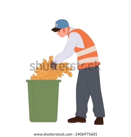 Communal cleaning service worker cartoon character throwing fallen dry foliage into trashcan