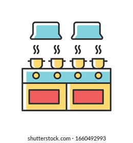 Communal Kitchen RGB Color Icon. Common Dormitory Room. Cooking. Casseroles On Stove Top. Living Accommodations. Shared Dorm Space. Restaurant, Cafe. Isolated Vector Illustration