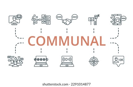 Communal outline set. Creative icons: story telling, content curation, engagement, ambassador, influencer, subscribers, rating, live streaming, target audience, followers.