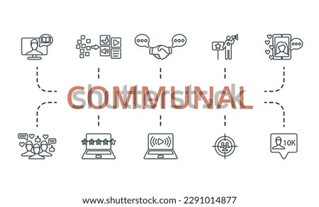 Communal outline set. Creative icons: story telling, content curation, engagement, ambassador, influencer, subscribers, rating, live streaming, target audience, followers.