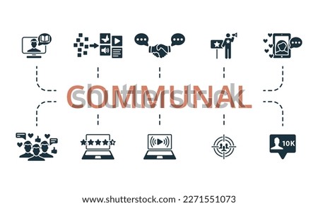 Communal set. Creative icons: story telling, content curation, engagement, ambassador, influencer, subscribers, rating, live streaming, target audience, followers.