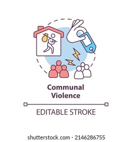 Communal Violence Concept Icon. Armed Hostilities Result Abstract Idea Thin Line Illustration. Hate Crime Against Refugees. Isolated Outline Drawing. Editable Stroke. Arial, Myriad Pro-Bold Fonts Used