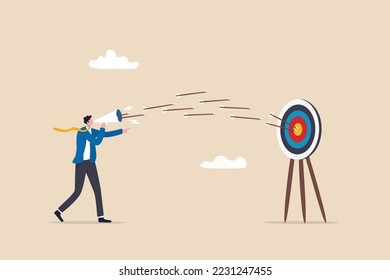 Communicate or advertising to target audience, marketing campaign or promotion to hit business goal or target customer concept, businessman marketer talk on megaphone with archer hit target bullseye.